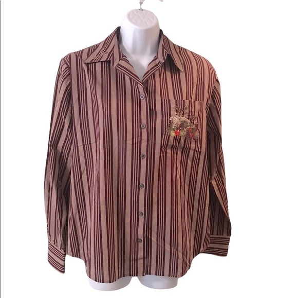 Karen Scott Thanksgiving Harvest Embroidered Pocket Striped Button Up Size S - Picture 1 of 7